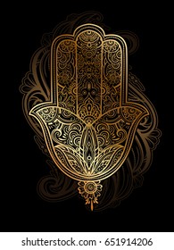 Hand drawn golden ornate amulet Hamsa Hand of Fatima. Ethnic amulet common in Indian, Arabic and Jewish cultures. Bohho style