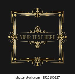 Hand drawn golden ornate decorative wedding border. Gold retro style vintage filigree frame for invitation card design. Vector isolated antique decor.