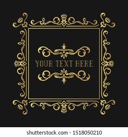 Hand drawn golden ornate elegant wedding frame. Gold vintage filigree border for invitation card. Vector isolated antique decor for label design.