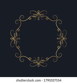 Hand drawn golden ornate square swirl border in vignette style. Vector isolated vintage certificate frame.  Calligraphic gold scrolls for invitation card.