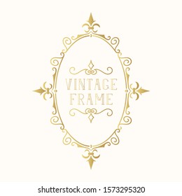Hand drawn golden oval frame. Vintage ornate classic wedding border. Vector isolated gold calligraphic invitation card.