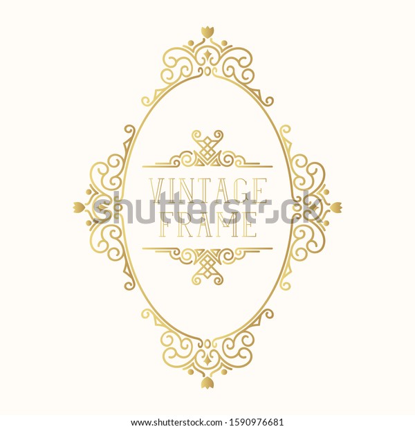 Hand\
drawn golden oval frame. Vintage ornate classic wedding border.\
Vector isolated gold calligraphic invitation\
card.