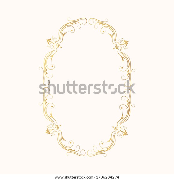Hand drawn golden oval frame. Elegant gold\
royal border.  Vector isolated motif monogram. Classic wedding\
invitation template.