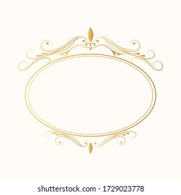 Hand drawn golden oval luxury frame. Gold filigree round border.  Vector isolated vintage invitation. Classic royal wedding template.