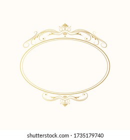 Hand drawn golden oval luxury frame. Classic royal wedding template. Gold filigree round border.  Vector isolated vintage invitation. 