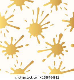 Hand drawn golden paint splatter seamless pattern. Gold ink drips background. Vector isolated grunge texture.