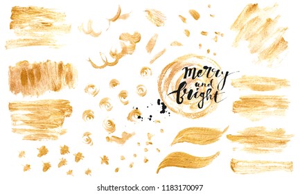 Hand drawn golden paint texture. Brush strokes, dots, confetti, circles, check marks. Metallilc foil glittering elements for festive or luxury background.