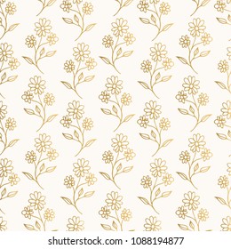 Hand drawn golden pattern with chamomiles. Vector floral background.