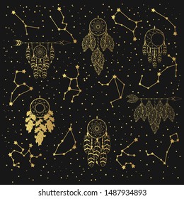 Hand drawn golden pattern with Zodiac signs, Scandinavian dream catchers in the star sky. Gold constellations background. Vector isolated galaxy illustration.