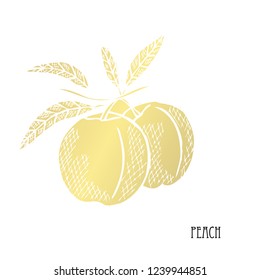 Hand drawn golden peach, design element. Can be used for cards, invitations, scrapbooking, print, fabric, manufacturing, food themes. Food theme. Golden fruits