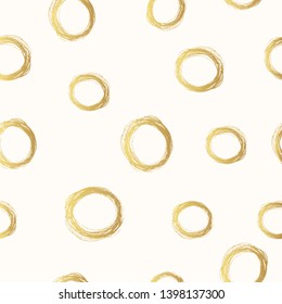 Hand drawn golden pencil scribble circles seamless pattern. Gold edge torn background. Vector isolated foil hatch texture.
