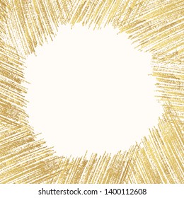 Hand drawn golden pencil scribble frame for text invitation. Edge torn background. Vector isolated hatch border.