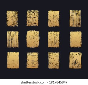 Cadres rectangulaires dessinés à la main au crayon doré gribouillant. Arrière-plan bord doré. Image vectorielle textures d'écoutille isolées.
