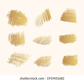 Hand drawn golden pencil scribble abstract frames. Gold coal edge background. Vector isolated hatch textures.