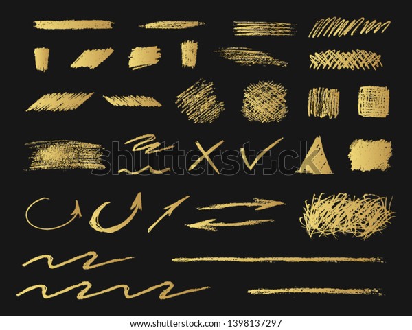 Hand drawn golden pencil scribble frames and\
box. Rough edge background. Gold charcoal arrow dividers. Vector\
isolated foil hatch\
textures.