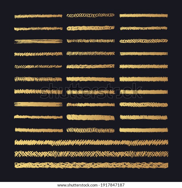 Hand drawn golden pencil\
scribble dividers. Gold coal edge grunge lines. Vector isolated\
hatch textures.