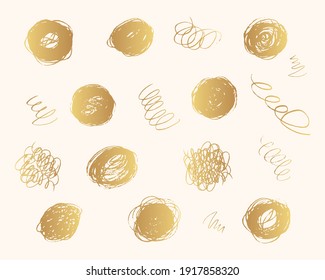 Hand drawn golden pencil scribbles and hatches. Abstract doodle round frames. Gold coal edge background. Vector isolated ink textures.