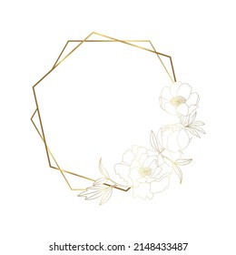 Hand drawn golden peony flower hexagonal wreath in cute doodle style. Luxury elegant vector illustration for postcard, wedding invitations, birthday, quotes, thank you card, cosmetics. Copy space