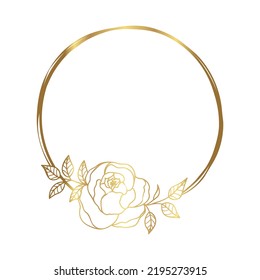 Hand drawn golden peony flower round wreath in cute doodle style. Luxury elegant vector illustration for postcard, wedding invitations, birthday, quotes, thank you card, cosmetics. Copy space for text