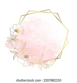 Hand drawn golden peony flower hexagon wreath in cute doodle style on pink watercolor splash texture. Luxury elegant vector illustration for wedding, birthday, quotes, thank you card, cosmetics, logo.