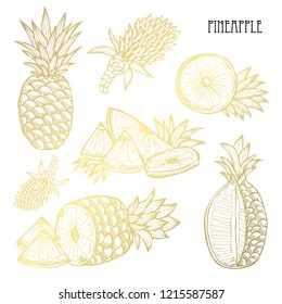 Hand drawn golden pineapples, whole and sliced, design elements. Can be used for cards, invitations, scrapbooking, print, fabric, manufacturing, food themes. Golden fruits