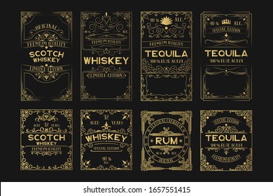 Hand drawn golden premium alcohol frames for scotch, whiskey, tequila and rum bottles in drink bar. Gold vintage ornate labels set with lettering for irish pub.