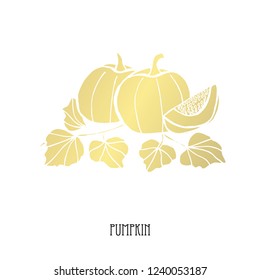 Hand drawn golden pumpkins, design elements. Can be used for cards, invitations, scrapbooking, print, fabric, manufacturing, food themes. Food theme. Golden vegetables