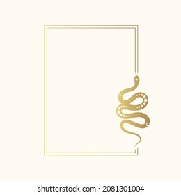 Hand drawn golden rectangular frame with a wriggling snake. Gold celestial serpent border for greeting cards. Vector illustration.