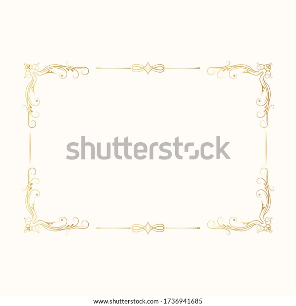 Hand drawn golden rectangular frame with ornate\
 vintage corners.  Vector isolated gold Victorian border. Classic\
wedding invitation\
template.