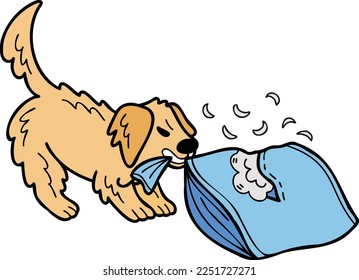 Hand Drawn Golden retriever Dog biting pillow illustration in doodle style isolated on background