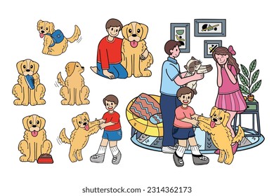 Hand Drawn golden retriever dog and family collection in flat style illustration for business ideas isolated on background
