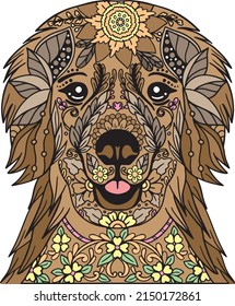 Hand drawn Golden Retriever doodle with flower decorative elements. Coloring page for adult and kids. Vector Illustration.