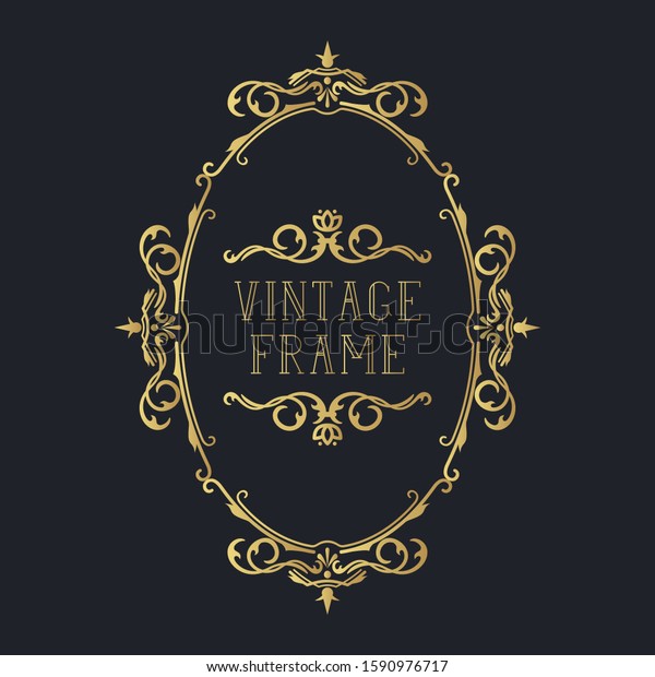 Hand drawn\
golden royal oval frame. Vintage ornate gold wedding border. Vector\
isolated classic invitation\
card.