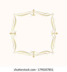 Hand drawn golden royal swirl border in art deco  style. Vector isolated vintage ornate frame.  Calligraphic gold scrolls for invitation card.