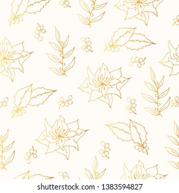 Hand drawn golden seamless pattern with holly, flowers and floral branches. Christmas holiday elegant gold gift wrapper. Vector isolated xmas design elements.