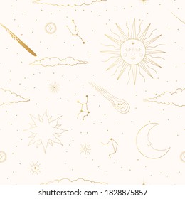 Hand drawn golden seamless pattern with space elements. Texture with celestial sun, falling star, clouds, comet, constellations, starburst, arrows. Gold background in boho style for kids.