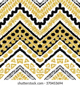 Hand drawn golden seamless pattern. Vector illustration for gold design. Ethnic motif. Zigzag and stripe line. Yellow and white colors. For invitation, web, textile, wallpaper, wrapping paper.