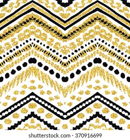 Hand drawn golden seamless pattern. Vector illustration for gold design. Ethnic motif. Zigzag and stripe line. Yellow and white colors. For invitation, web, textile, wallpaper, wrapping paper.