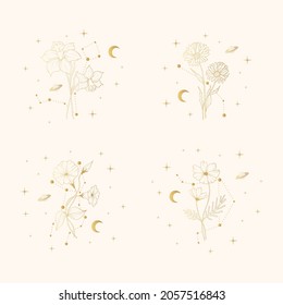 Hand drawn golden set of celestial birth month  flowers. Four vector isolated spiritual plants, moon and stars for greeting cards and wedding invitations.