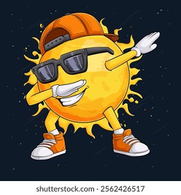 Hand drawn golden shiny sun character wearing orange cap, sunglasses doing dab dance, sun dabbing