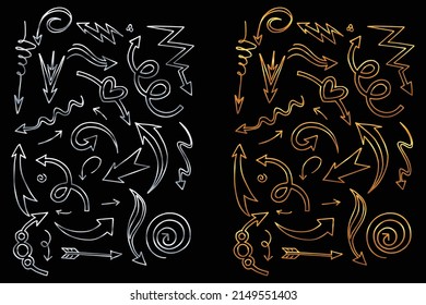Hand drawn golden and silver curvy arrows set, Collection of symbols isolated over black background, Vector 