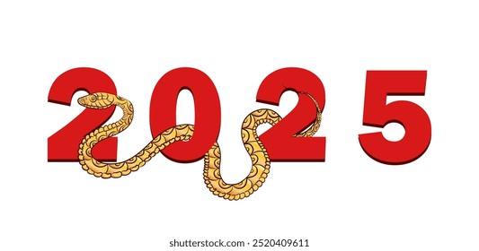 Hand drawn golden snake entwines around the red number 2025, symbolizing the Year of the Snake in the Chinese zodiac. Banner with linear decorated reptile snake as a symbol of Oriental horoscope.