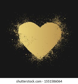 Hand Drawn Golden Spray Paint Love Text Box Border. Airbrush Heart Shape Banner. Gold Grunge Background For Valentines Day. Vector Isolated Illustration.