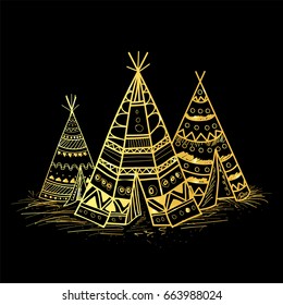 Handgezeichneter Goldener Teepee oder Wigwam mit Stammesmuster im Boho-Stil.