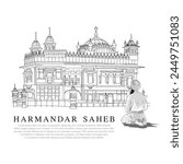 Hand drawn Golden Temple, A historical building of Amritsar, A sikh man worshiping God