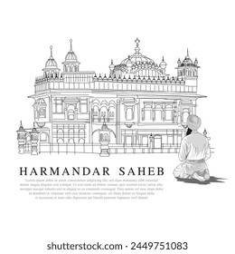 Hand drawn Golden Temple, A historical building of Amritsar, A sikh man worshiping God