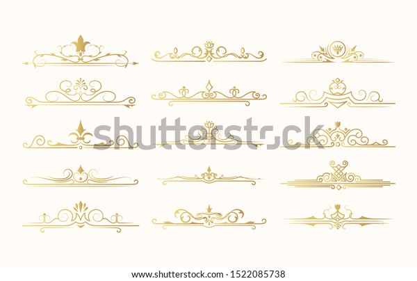 Hand drawn golden text dividers and vintage\
borders set. Gold ornate lines and wedding laurels. Vector isolated\
flourish calligraphic\
elements.