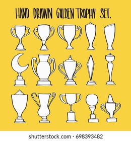 Hand drawn golden trophy cups collection set, illustration vector.