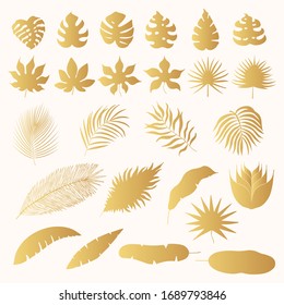 Hand Drawn Golden Tropical Leaves Silhouettes Stock Vector (Royalty