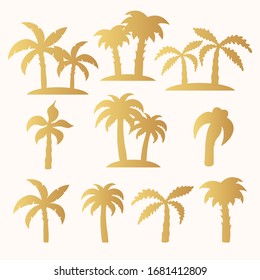 Hand drawn golden tropical trees silhouette set. Gold palm, banana leaves. Vector isolated tropic pattern for summer design.